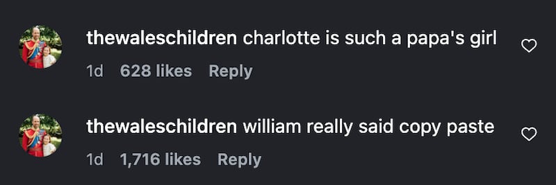 Comments recognize Prince William and Princess Charlotte’s lookalike appearances on an Instagram post for Father’s Day and William’s Birthday.