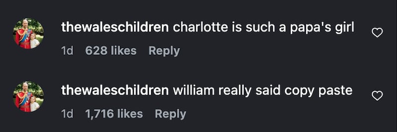 Comments recognize Prince William and Princess Charlotte’s lookalike appearances on an Instagram post for Father’s Day and William’s Birthday.