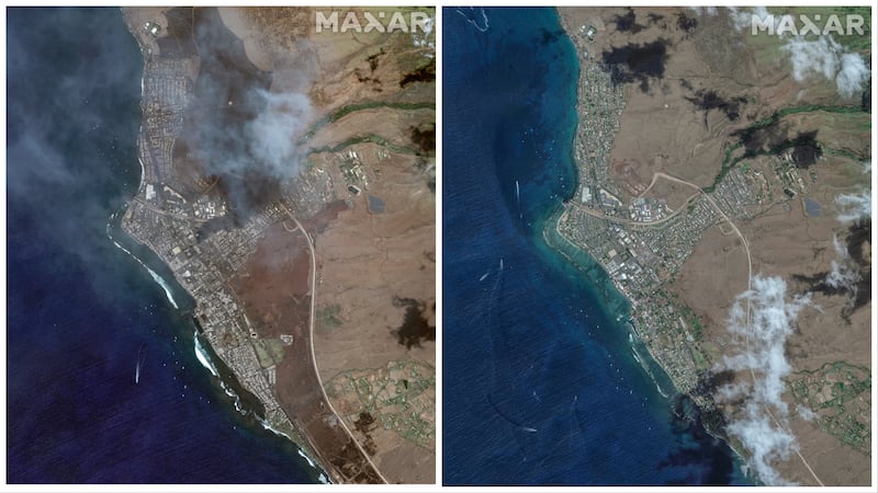 An aerial view shows wildfire smoke in Lahaina.