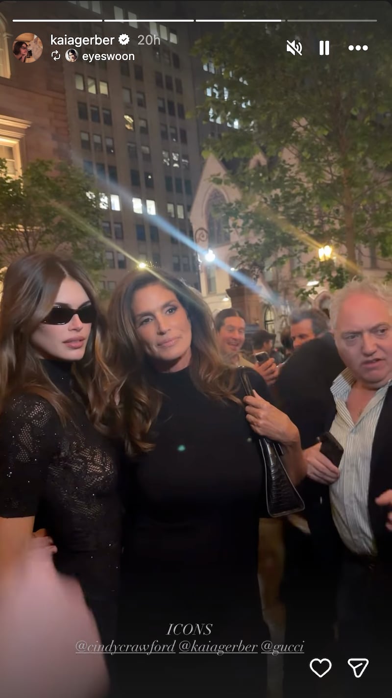Kaia Gerber reshared a story of her and her mother, Cindy Crawford, that was posted by designer and fellow Gucci model Athena Calderone.