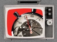 Old television containing a cracked glass stopwatch from the 60 Minutes logo
