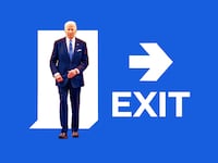 A photo illustration of President Biden and an Exit sign.