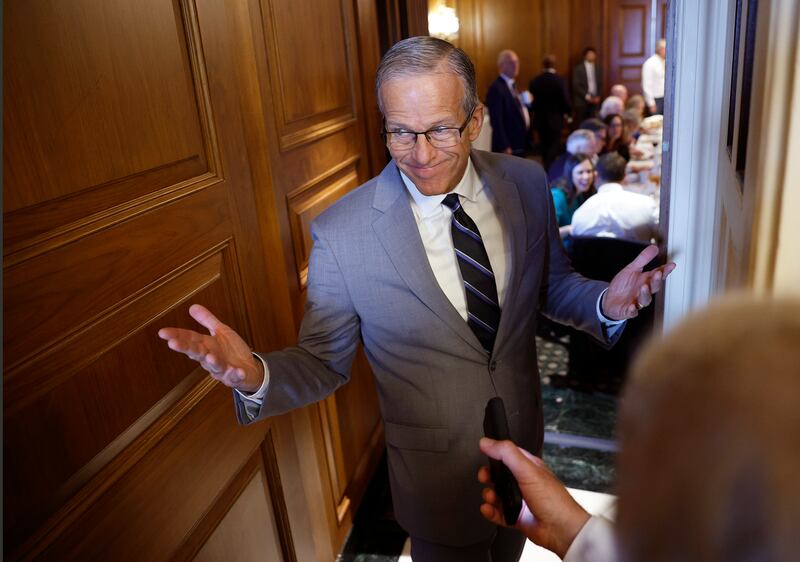 Senate Majority Leader John Thune speaks to reporters at the U.S. Capitol on October 08, 2025 as the showdown over the government shutdown and health care continues.