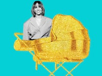 An illustration including a photo of Maya Hawke and a golden stroller