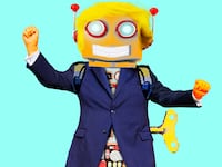 A photo illustration of a retro robot Donald Trump.
