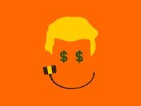 Illustration of a modified smiley face with Donald Trump’s hair, money signs as eyes, and a judge’s gavel as a mouth.