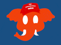 Red elephant with a twitching eye with a maga hat with "panican" written on it instead of maga