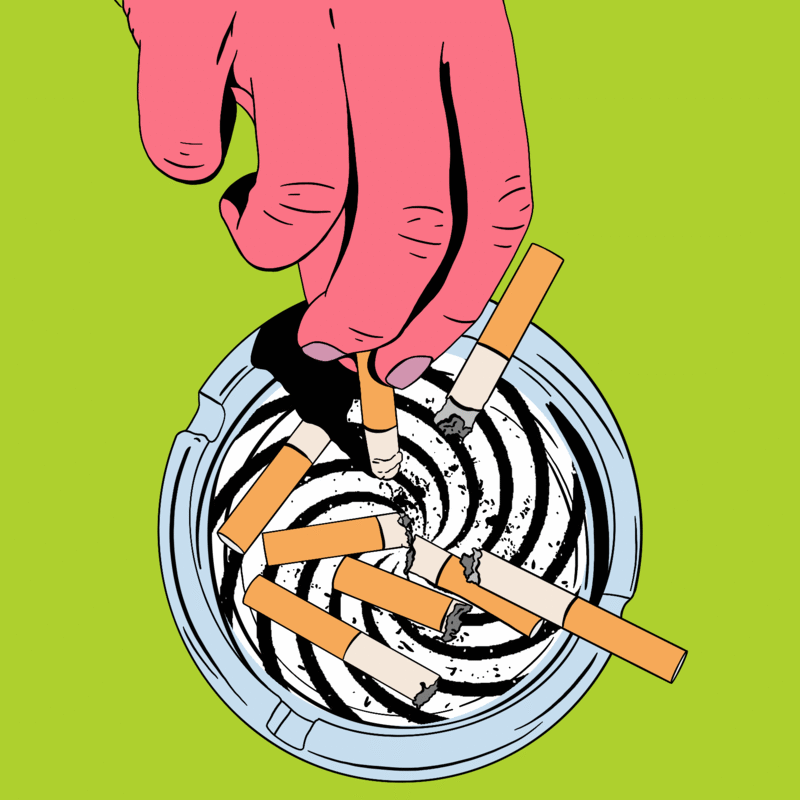 Hand putting out a cigarette in an ashtray with a hypnosis spiral in the base