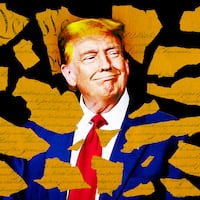 A photo illo illustration of Donald Trump and torn up pieces of the U.S. Constitution.