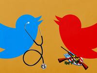 image of twitter bird in blue carrying doctor's stethoscope and twitter bird in red carrying gun nra national rifle association joseph sakran megan ranney johns hopkins brown affirm thousand oaks california shooting gun violence control