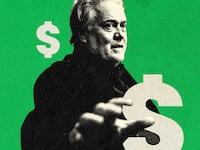 A photo illustration of Steve Bannon holding his hand up with dollar signs around him.