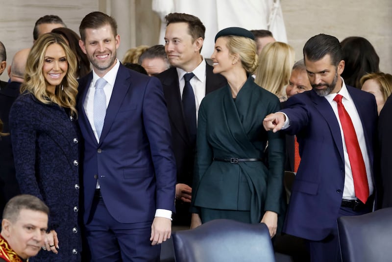 (L-R) Lara Trump, Eric Trump, Elon Musk, Ivanka Trump, and Donald Trump Jr. react after the inauguration of U.S. President Donald Trump in the U.S. Capitol Rotunda on January 20, 2025 in Washington, DC.