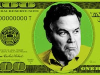 An illustration including a photo of Dave McCormick on a hundred dollar bill