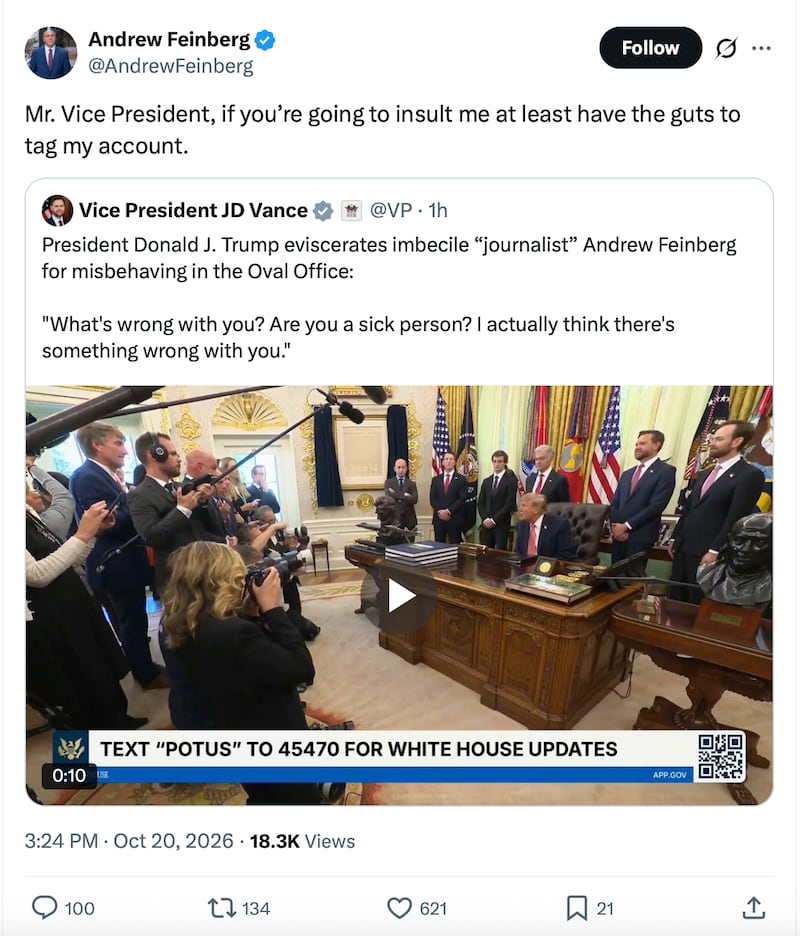 Vance's official account on X also criticized Feinberg, without tagging him.