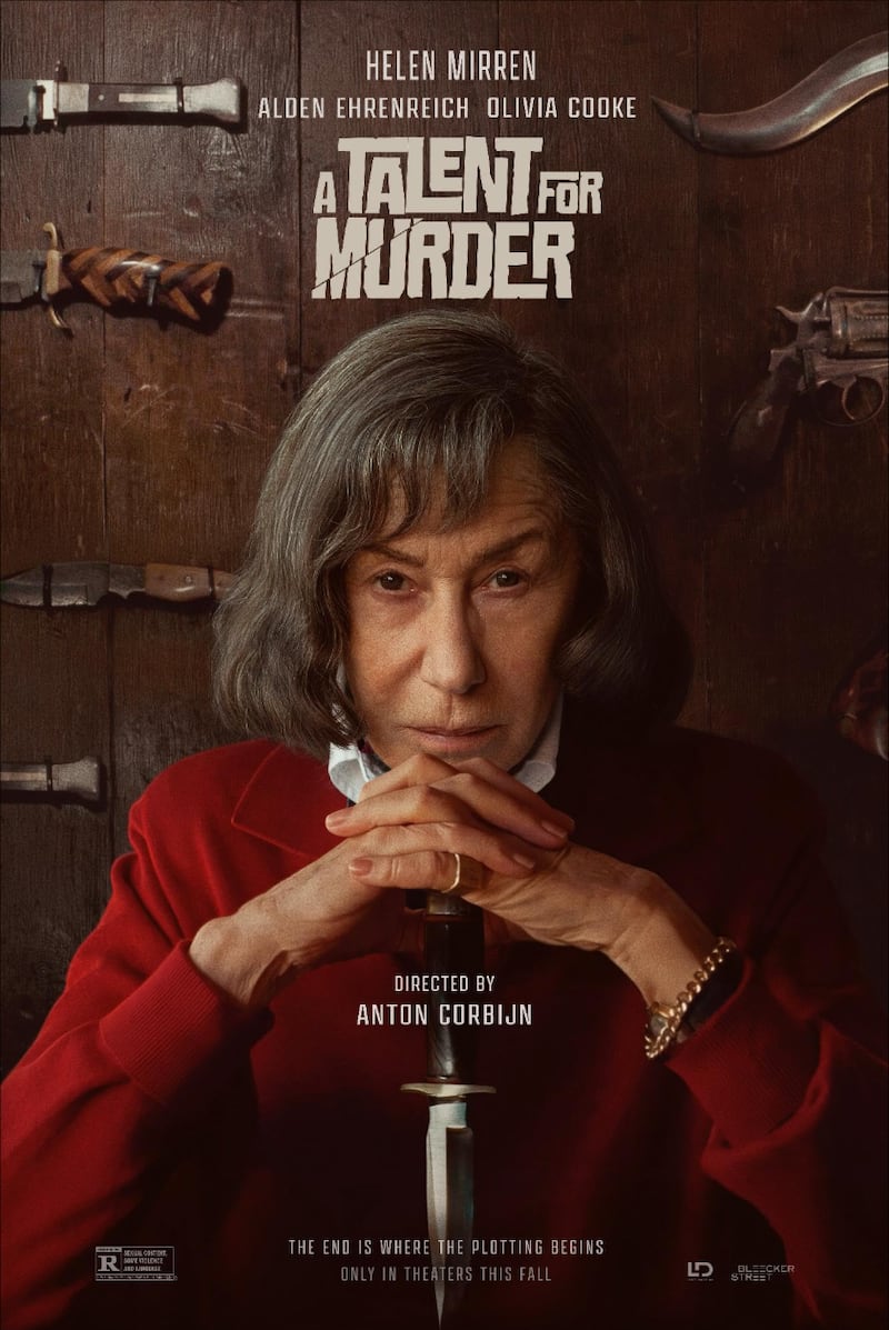 The movie poster for the upcoming film "A Talent for Murder" shows actress Helen Mirren in minimal makeup and a brown wig.