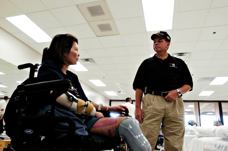 Duckworth, a year after she sustained her injuries, discussed treatment with other wounded soldiers who recently returned from Iraq at Walter Reed Army Medical Center in Washington, DC.