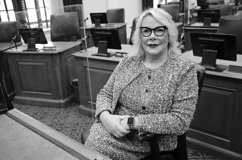 A photograph of Olivia Hill, Tennessee's first openly transgender politician to be elected sitting in her seat for the first time in the Metro Nashville City Council Chamber. Nashville, TN on September 17, 2023.