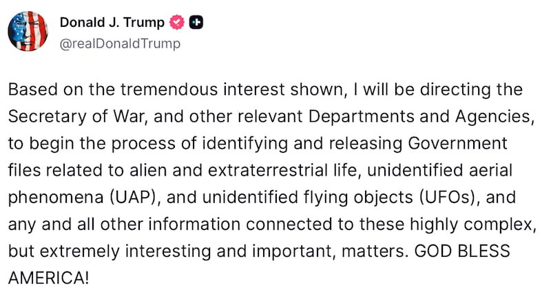 Donald Trump posts on Truth Social about an investigation into aliens.