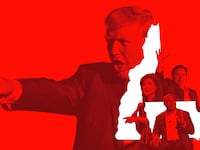 A photo illustration that shows Donald Trump angry pointing out in front of the outline of Iowa and New Hampshire