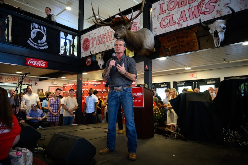DES MOINES, IOWA - AUGUST 17: United States Secretary of War Pete Hegseth appears onstage at a campaign event for Republican candidate for Iowa's 3rd Congressional District Zach Nunn on day five of the Iowa State Fair on August 17, 2026 in Des Moines, Iowa. The Iowa State Fair is the largest event in Iowa and one of the oldest and largest agricultural and industrial expositions in the country. (Photo by Leon Neal/Getty Images)