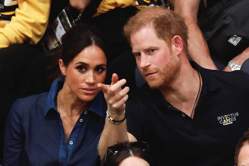 Meghan Markle, left, and Prince Harry at the sitting volleyball finals at the 2023 Invictus Games, an international multi-sport event for injured soldiers, in Duesseldorf, Germany September 15, 2023.