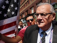 Maricopa County Sheriff Joe Arpaio is surrounded by protesters and members of the media at the the site of the Republican National Convention (RNC) in downtown Cleveland on the second day of the convention.