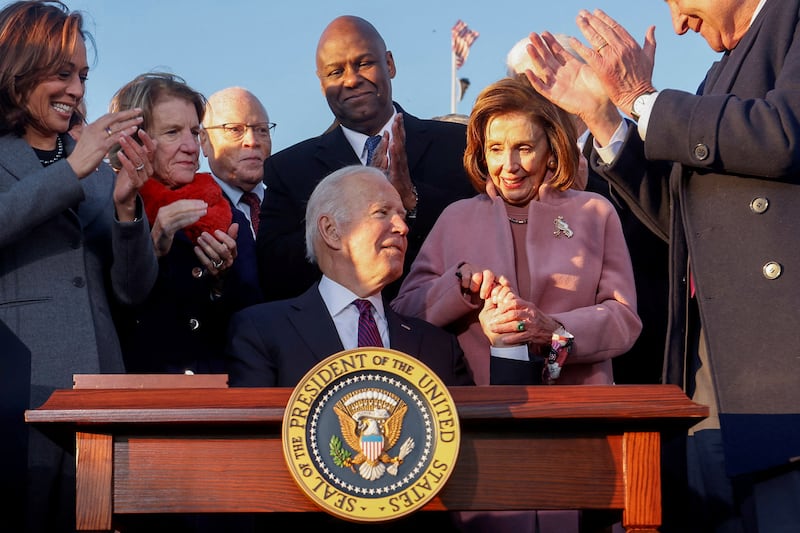 President Joe Biden, then-House Speaker Nancy Pelosi (D-CA) and Senate Majority Leader Chuck Schumer (D-NY)