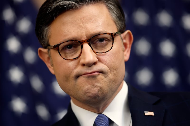 Mike Johnson attends a news conference on the government shutdown at the U.S. Capitol on October 09, 2025 in Washington, DC.