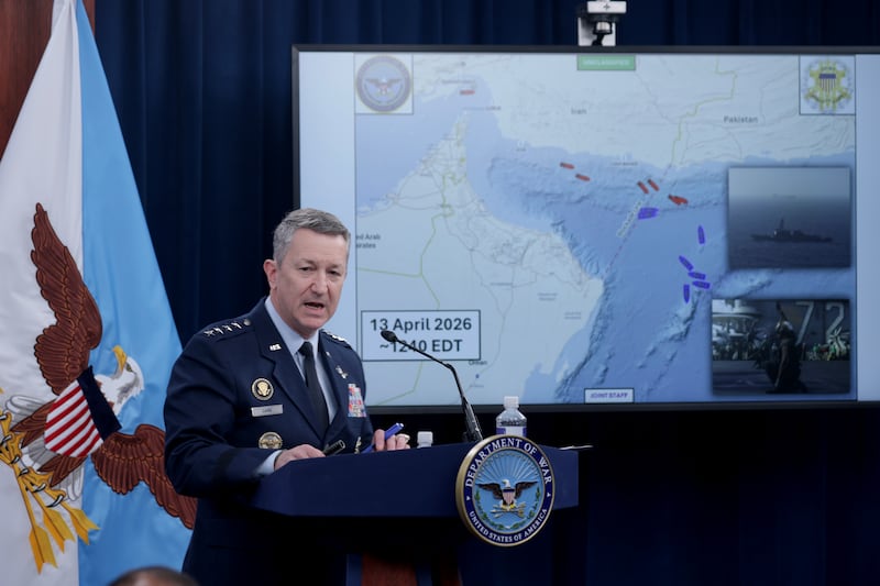 ARLINGTON, VIRGINIA - APRIL 16: Chairman of the Joint Chiefs of Staff Gen. Dan Caine speaks as he displays a map showing the United States Navy's blockade of the Strait of Hormuz during a press briefing at the Pentagon on April 16, 2026 in Arlington, Virginia. Caine spoke about the war between the United States and Israel against Iran as negotiations continue toward a longer-term agreement between the countries. (Photo by Alex Wong/Getty Images)