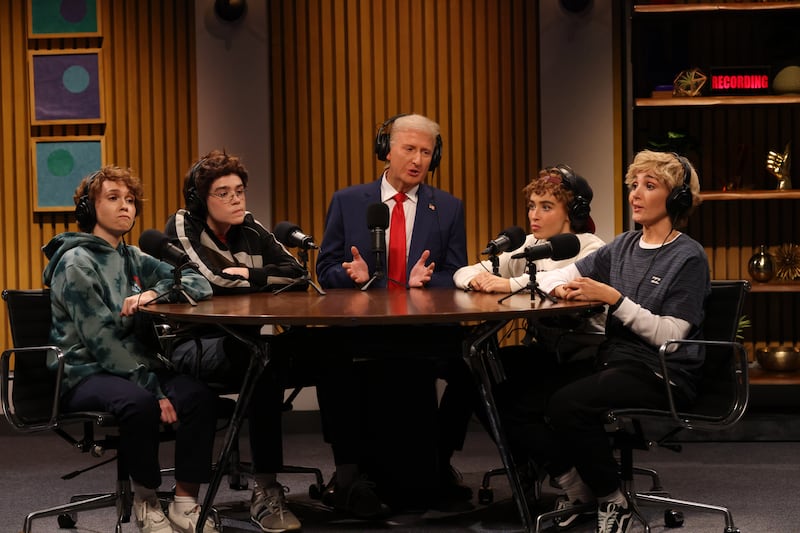 Veronika Slowikowska as Jason, Jane Wickline as Kyler, James Austin Johnson as President Donald Trump, host and musical guest Sabrina Carpenter as Tayson, and Chloe Fineman as Braylor during the "Boys Podcast" sketch