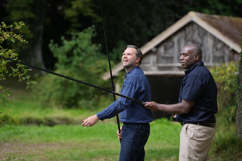 SEVENOAKS, ENGLAND - AUGUST 8: U.S. Vice President JD Vance fishes with British Foreign Secretary David Lammy at Chevening House on August 8, 2025 in Sevenoaks, England. US Vice President JD Vance and UK Foreign Secretary David Lammy are meeting for an official bilateral discussion at Chevening House, the Foreign Secretary's Grade I-listed summer residence near Sevenoaks in Kent, where Lammy is hosting the Vance family for the start of their UK holiday. Vance's itinerary is expected to also include a stay in the Cotswolds and a visit to Hampton Court Palace, and comes just weeks after US President Donald Trump vacationed in Scotland. (Photo by Kin Cheung - WPA Pool/Getty Images)
