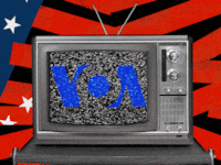 An animated GIF of a TV with the logo of Voice of America on it and static noise.