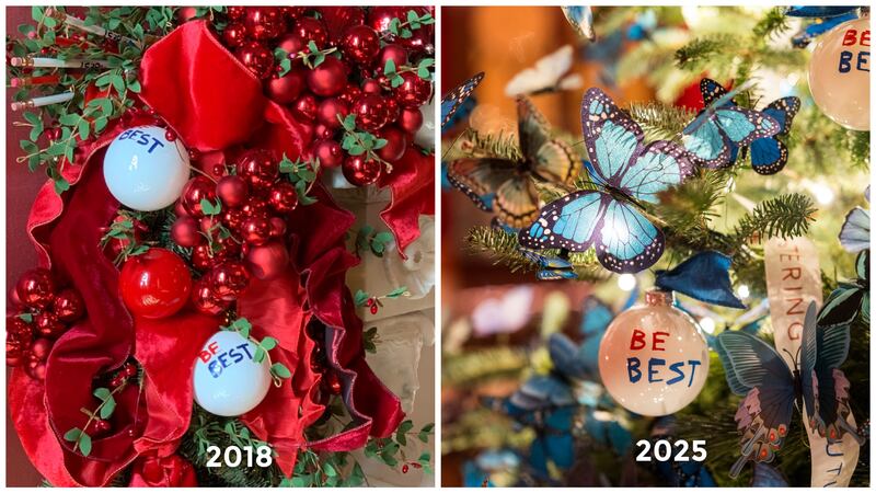 side-by-side picture of Melania's Christmas decorations. at left in 2018 "Be Best" Christmas balls in red ribbons and at right in 2025 the same balls with blue butterflies