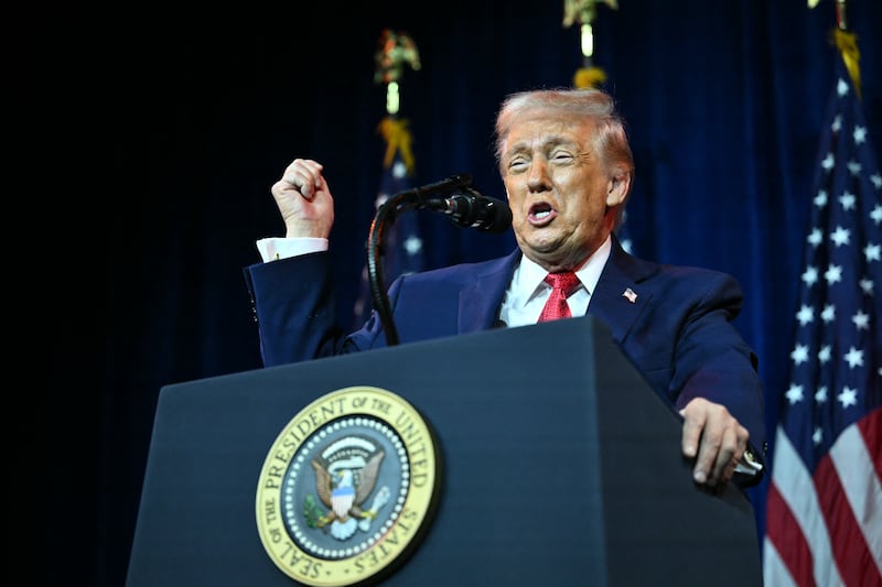 President Donald Trump complained about coverage of his health and schedule while speaking during the House Republican Party member retreat at the Kennedy Center in Washington, DC, on January 6, 2026.