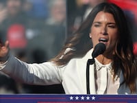 Former NASCAR driver Danica Patrick speaks during a Republican presidential nominee, former U.S. President Donald Trump campaign rally at Lancaster Airport on November 03, 2024 in Lititz, Pennsylvania.