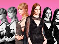 A photo composite of multiple Taylor Swifts and Sophie Turners meeting in the middle on a pink background