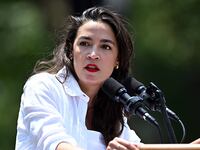 Alexandria Ocasio-Cortez speaks at a rally endorsing Jamaal Bowman at St. Mary's Park in the Bronx on June 22, 2024 in New York City.
