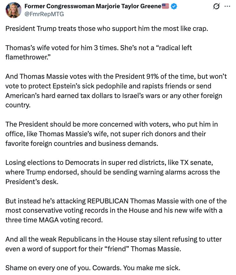 MTG X post about Trump and Thomas Massie