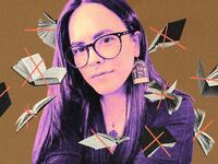 A photo illustration of Cait Corrain with books floating around her with X’s through them.