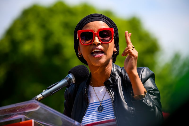 Representative Ilhan Omar gives a speech following a march to Lafayette Square on May 1, 2025 in Washington, DC.