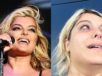 Bebe Rexha singing (on left) and Bebe Rexha crying in the Munich Airport after an alleged "hate crime"