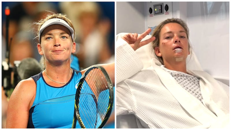 CoCo Vandeweghe in a blue tennis dress with her racket in 2017 (left); Vandeweghe makes a peace sign from her hospital bed in 2026 (right).