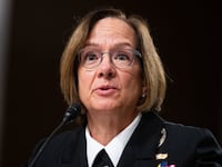 Admiral Lisa M. Franchetti, U.S. Navy, testifies during the Senate Armed Services Committee hearing.