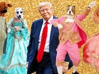 A photo illustration of Donald Trump and furies during a Mar-a-Lago event.