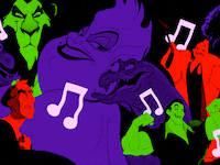 Photo illustrated gif of Disney villains and moving music notes