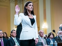A photo of former White House aide Cassidy Hutchinson being sworn in prior to testifying before Congress.