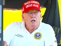 Donald Trump is seen on the on the 15th hole during day one of the LIV Golf Invitational - Bedminster at Trump National Golf Club on August 11, 2023 in Bedminster, New Jersey.