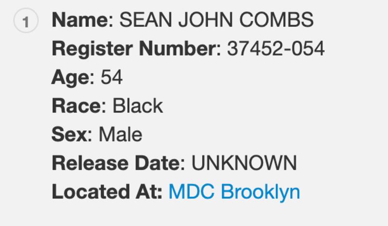 A screenshot of Sean Diddy Combs information in the Federal Bureau of Prisons