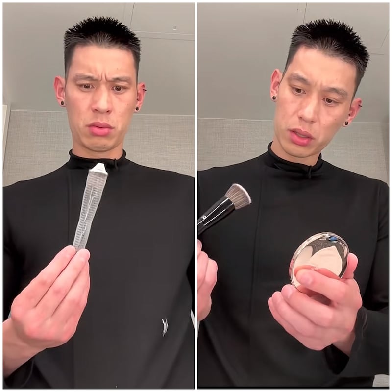 Jeremy Lin was visibly confused as he tried to navigate the new makeup routine that his family and a store worker had instructed him on.