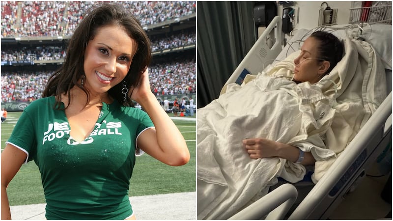 Jennifer Sterger at a New York Jets game (left); Sterger in the hospital following her emergency double mastectomy (right)